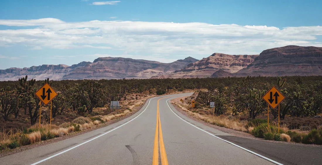 Straße in den USA durch die Wüste und vor einem Berghintergrund