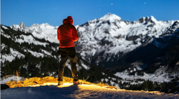 Person vor einem Alpenpanorama mit Schnee